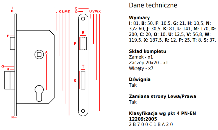 JANIA Zamek drzwiowy uniwersalny 60/50 mm na wkład z dźwignią 1